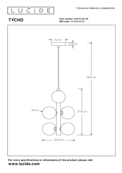 Lucide TYCHO - Lámpara colgante - Ø 25,5 cm - 6xG9 - Negro - técnico